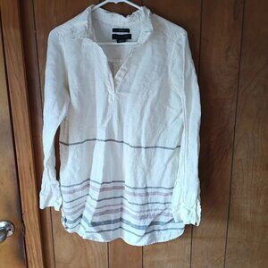 Tahari 100% Linen Pullover Blouse Womens Medium Cream Long Sleeve Tunic Light